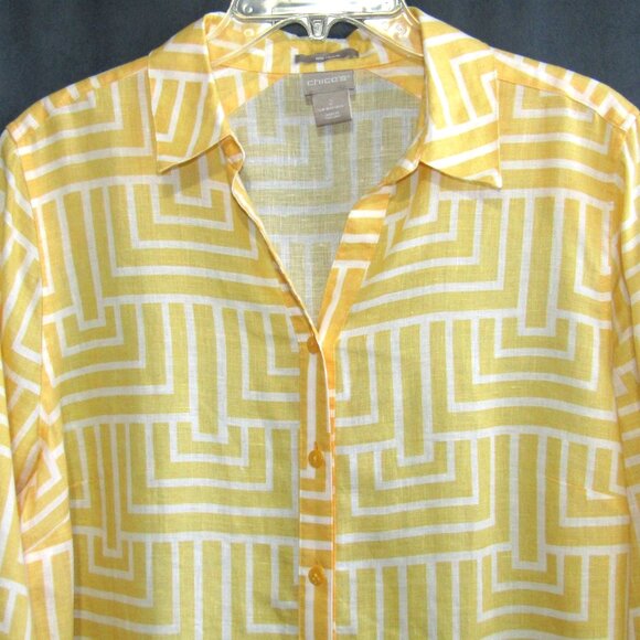 Chicos No Iron Linen Button Up Top Size L 2 Yellow White Geometric 3/4 Sleeve - Picture 2 of 8